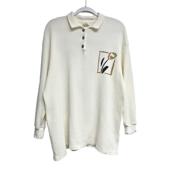 Vintage Miyo Size M Tulip Printed Thermal Long Sleeve Shirt - Picture 1 of 9